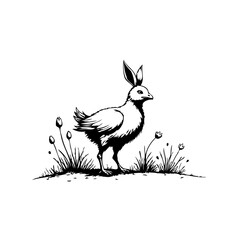 Whimsical avian creature with rabbit ears surrounded by grass and wildflowers illustration for