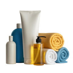 Collection of personal care products and towels isolated on transparent background