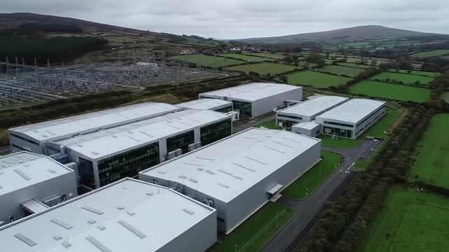 Drone view of a sprawling technology campus with contemporary buildings, rural setting, and electrical substation.