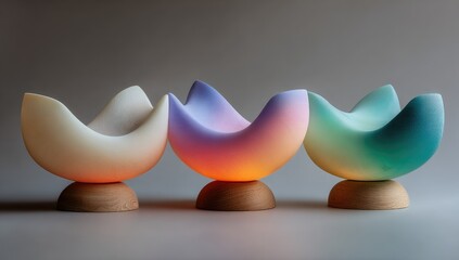Three ombre-toned, sculpted lamps on wooden bases