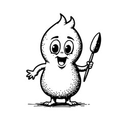 Whimsical cartoon character cheerfully holds a spoon in black and white illustration showing