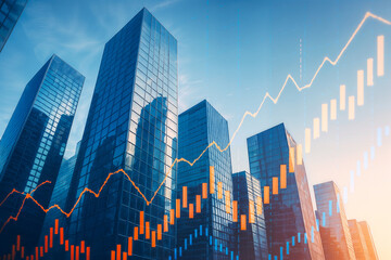 Real Estate Investment with Financial Charts and City Skyscrapers &ndash; Double Exposure Concept