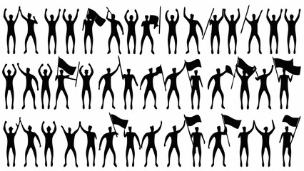Silhouette illustration of a crowd of people cheering and waving flags in celebration or protest action
