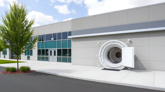 Exterior perspective of a specialized nuclear medicine facility housing a PET isotope cyclotron target vault with reinforced radiation protection.