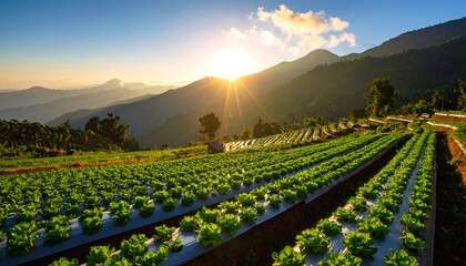 Lush green lettuce farm at sunrise over mountain range