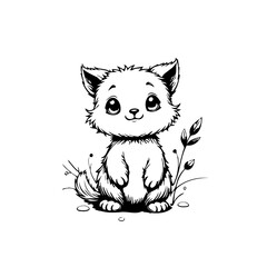 Whimsical feline friend sits amidst stylized flora, a simple sketch evoking playful charm and
