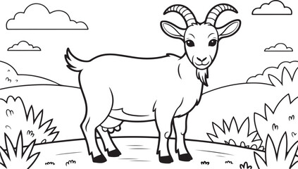 Hand-drawn Goat in Nature with Pasture and Clouds