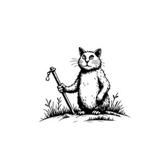 Whimsical feline hiker resting on a verdant knoll holding a rustic walking stick illustration