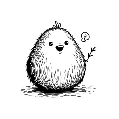 Whimsical fuzzy character posing with inquisitive thought bubble conveying joyful curiosity and