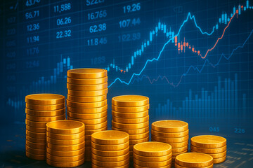 Stacks of Gold Coins with Digital Graphs &ndash; Symbol of Prosperous Digital Economy