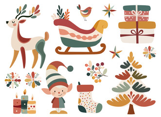 Naive folk Christmas clipart set with reindeer, sleigh, elf and decorated tree isolated on white for cards and crafts