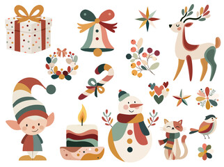 Naive folk Christmas clipart set with elf, reindeer, snowman and gifts isolated on white background for cards and stickers