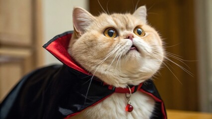 Close Up of Chubby Cat in Halloween Vampire Costume with Black Cape for Festive Party