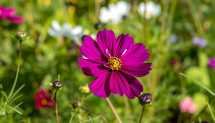 Obraz premium Close-up of a vibrant purple cosmos flower amidst other wildflowers