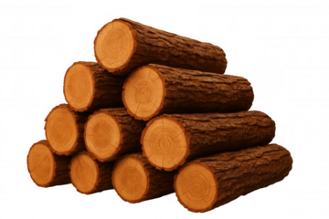Wooden logs pyramidal stacking, prepared for construction, woodworking, firewood against transparent background