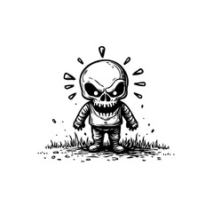 Whimsical skeletal figure emerging from grassy patch embodying dark yet charming illustration