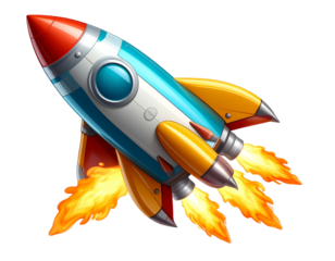 Angled Cartoon Rocket Ship with Flames, Perspective View, isolated on transparent background PNG