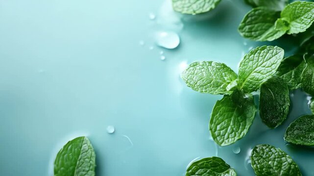 Fresh mint leaves floating on a light blue wavy surface