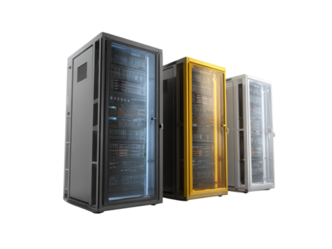 Three modern data center server racks gold silver gray, Isolated On White Background, Png Transparent