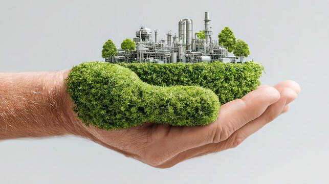 Holding the future of green energy in your hand: A conceptual image showcasing sustainable industry and environmental responsibility, promoting clean technology