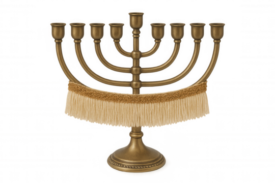 Golden menorah with decorative fringe, isolated on transparent background, ready for composition