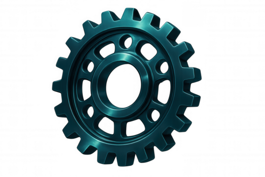 Close-up of a rotating metallic teal cogwheel, isolated on a transparent background, ideal for industrial and mechanical concepts
