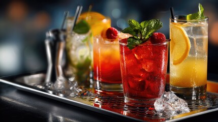 A silver tray of exotic cocktails in digital art, showcasing mixology creativity and luxury beverage presentation for social events