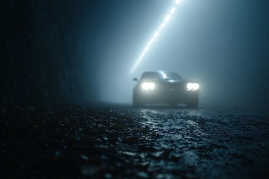 Black car with headlights on drives through dark tunnel on wet road, eerie night scene with fog and glowing overhead lights