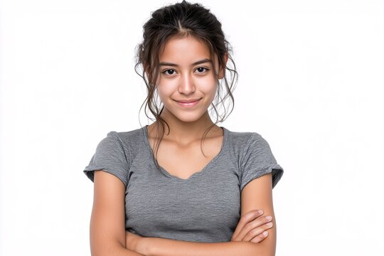 Confident student with arms crossed in gray shirt, white background highlights assertive attitude in academic or portrait setting