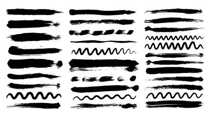 Collection of black ink brush strokes and lines on a white background in various shapes and textures
