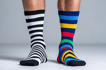 Mismatched striped socks in black white and rainbow colors, legs standing on light surface in quirky fashion combination