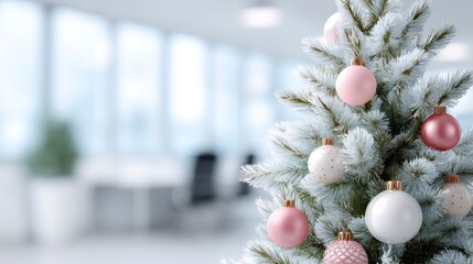Decorated Christmas tree brightens modern office space during holiday season