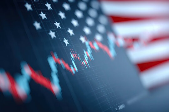 stock market chart and american flag