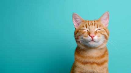 Fototapeta premium Adorable orange tabby cat with eyes closed and mouth open, appearing to laugh or smile on a light blue background.