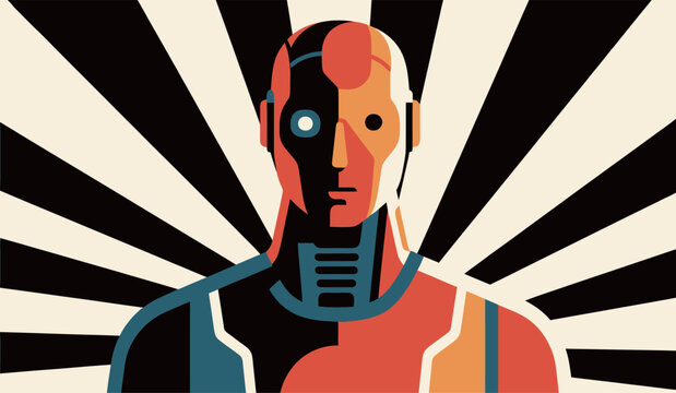 A humanoid robot with a captivating design features bold colors and contrasting patterns. The backdrop radiates striking lines, enhancing the visual impact. This artwork embodies themes of technology,