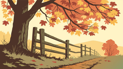 Autumn landscape vector illustration with fence tree and falling leaves scenic fall season nature background art 100