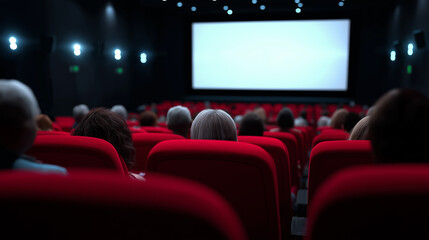 Fototapeta premium Audience watching movie on big screen in dark cinema theater. 