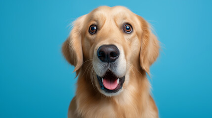 Obraz premium Golden retriever dog looking surprised with open mouth on blue background. 