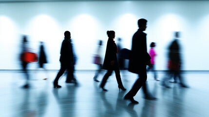 Silhouettes of people walking in motion blur inside modern building. 
