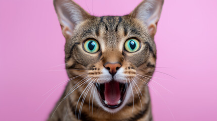Obraz premium Surprised tabby cat with wide open mouth against pink background. 