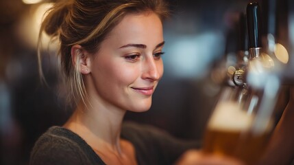 young woman at a bar with a beer, bartender, beer tap