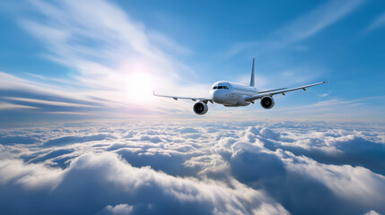 Obraz premium Airplane flying above clouds in bright blue sky. 