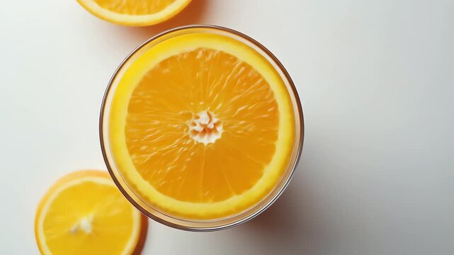 Overhead view of an orange slice in a glass and half an orange