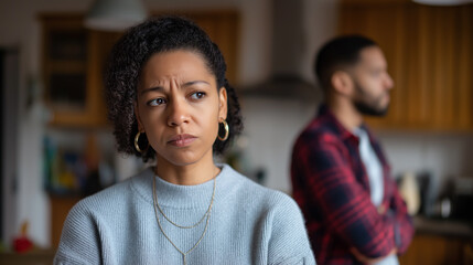Fototapeta premium Woman looking upset with partner in background after argument at home. 