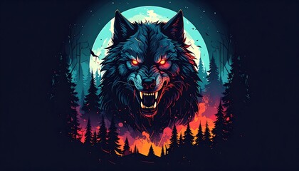 Fierce wolf head in forest at night
