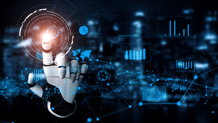 A futuristic robotic hand interacts with a digital interface, illustrating data visualization...