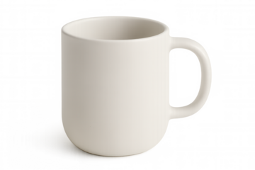 White ceramic mug positioned against clean background, perfect for custom printing and graphic design applications