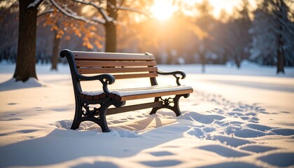 Winter park bench bathed in golden sunlight