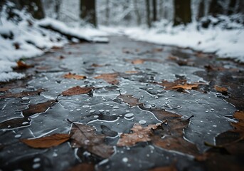 Mockup frozen path covered in leaves and ice in a winter forest commercial usage