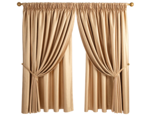 Angled View of Creamy Curtains with Valance, Luxurious Fabric Draping, isolated on transparent background PNG